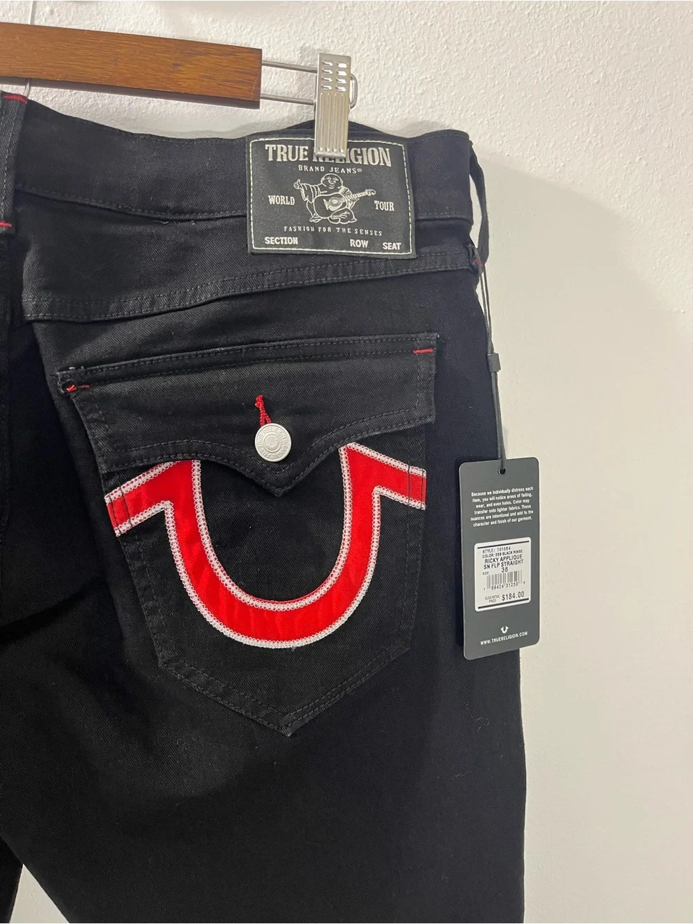 True Religion Ricky Applique SN Flap Straight “2SB Black Rinse” 36x30 #701564